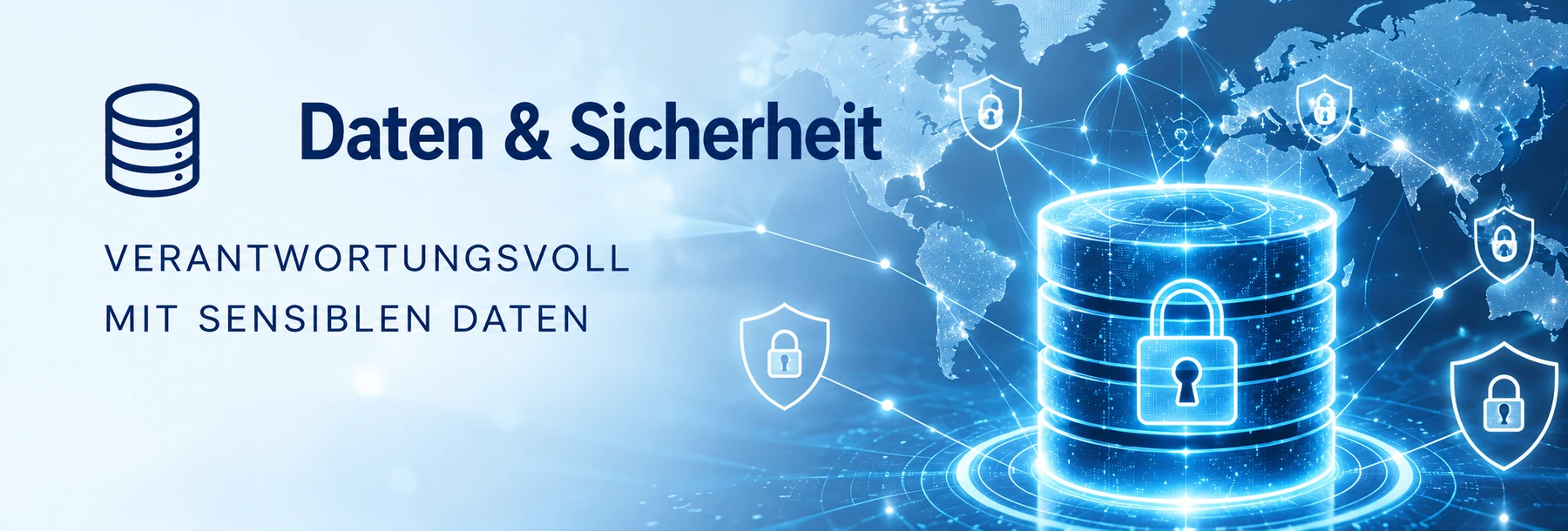 Daten & Sicherheit – verantwortungsvoll mit sensiblen Daten: leuchtender Datenspeicher mit Vorhängeschloss und Schutzschilden vor einer Weltkarte