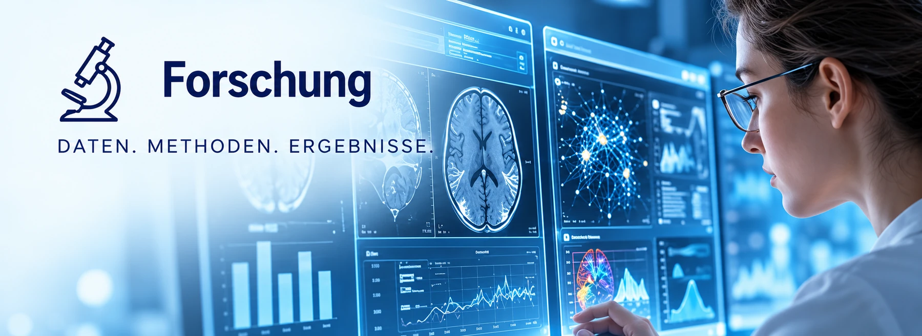 Forschung – Daten. Methoden. Ergebnisse.: Forscherin vor Bildschirmen mit MRT-Aufnahmen und Datenanalysen
