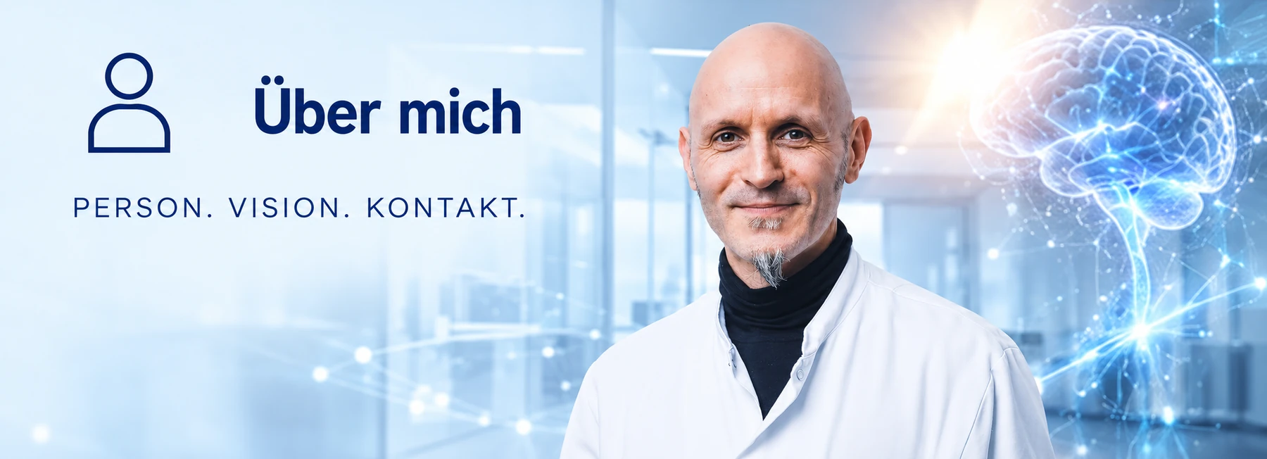 Über mich – Person. Vision. Kontakt.: Prof. Dr. med. Matthias Krause, Professor für Neurochirurgie, im weißen Kittel vor einem leuchtenden Gehirn-Hologramm