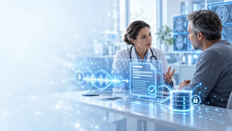 Ärztin im Gespräch mit einem Patienten; Sprachwellen werden in ein strukturiertes Dokument mit Häkchen und in einen gesicherten Datenspeicher überführt.